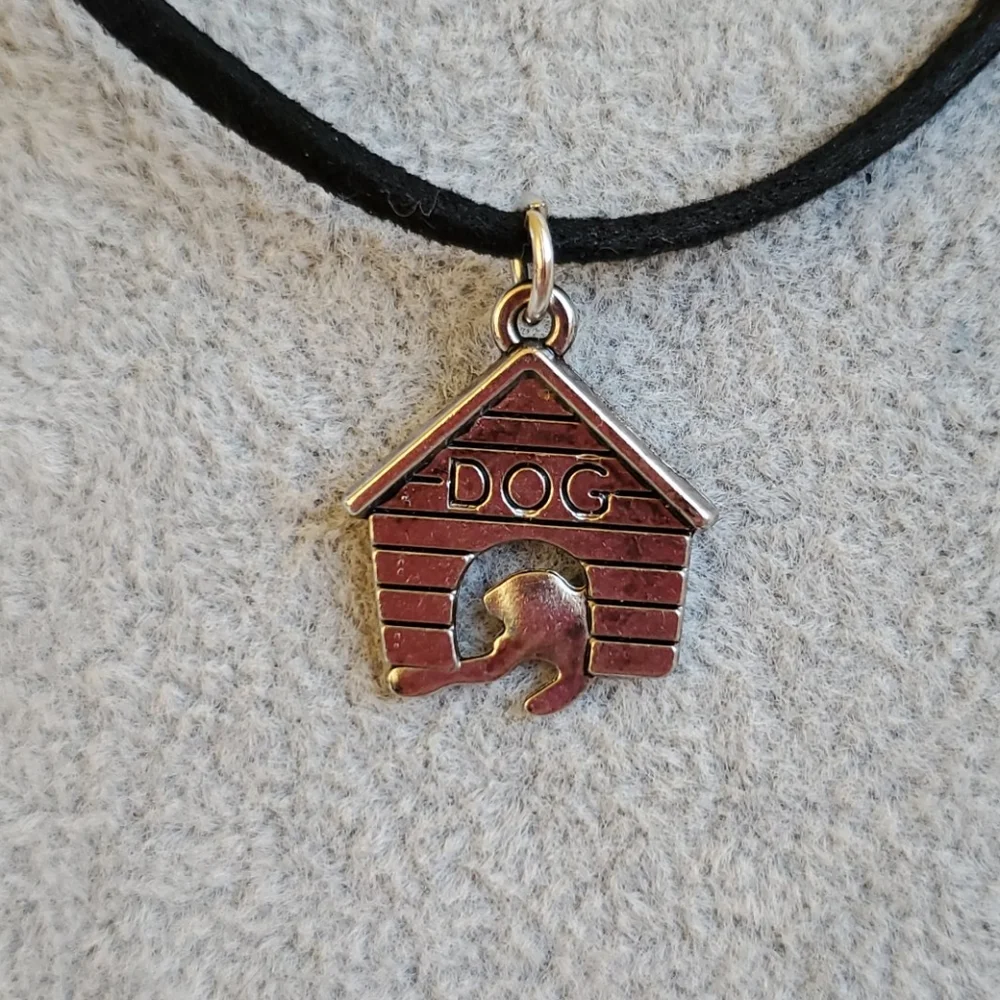 Mens doghouse charm on black suede necklace